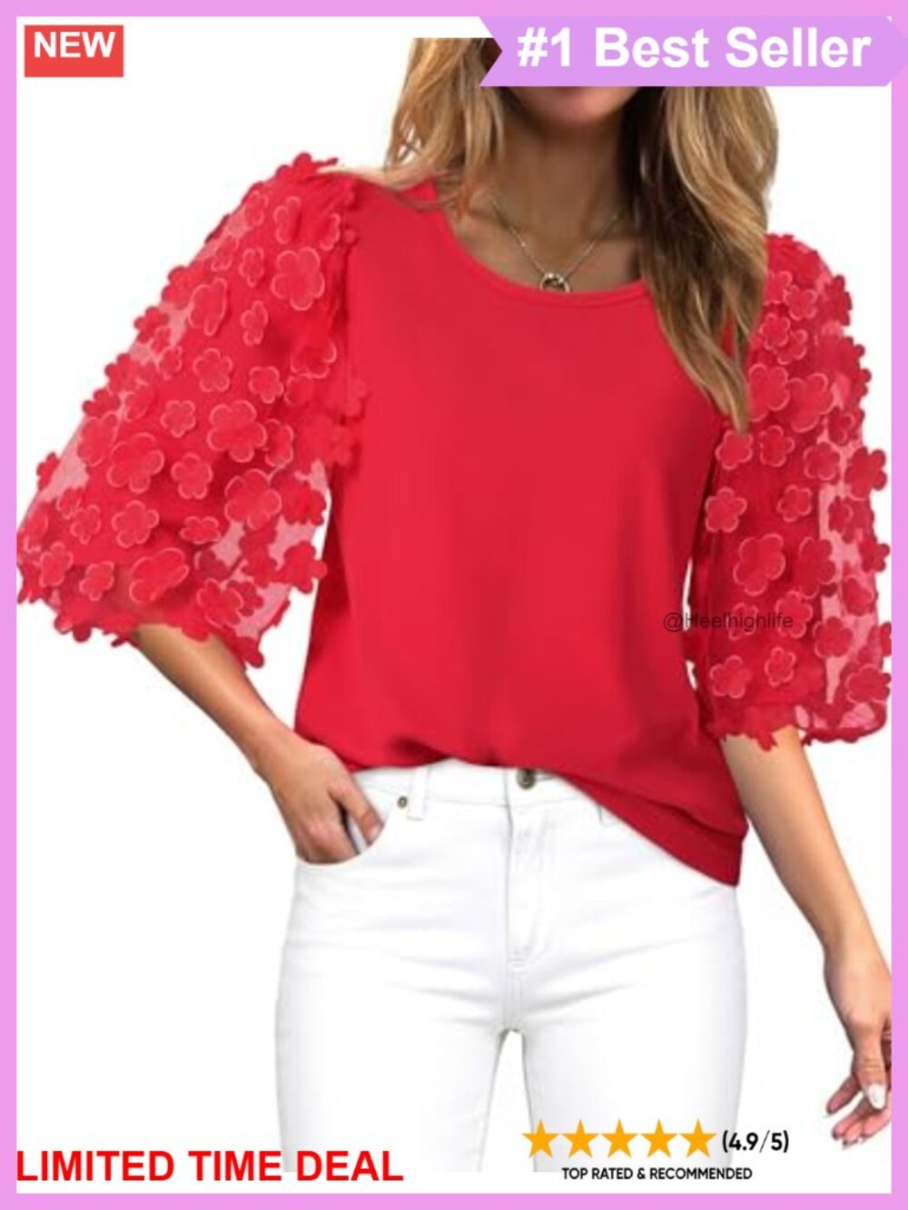 Women's Cotton Puff Sleeve Blouse 3/4 Sleeve Crew Neck Mesh Applique Top